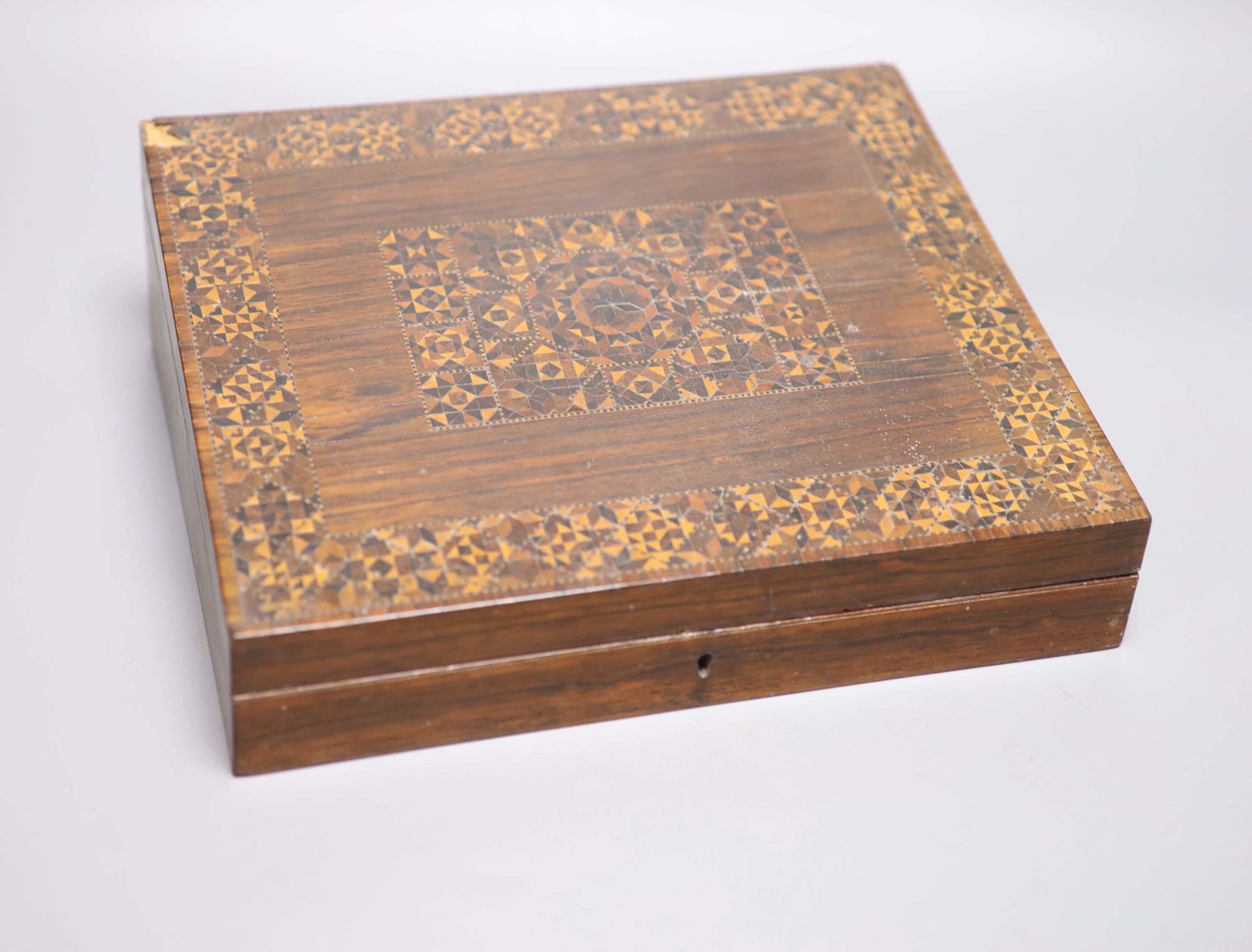 A mid 19th century Tunbridge ware rosewood half square mosaic writing slope, 28cm wide